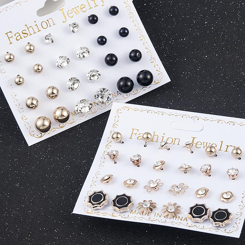 12 Pairs/Set Women's Pearl Flower Crystal Mix Design Studs Earrings Girls Elegant Gold Heart Ear Jewelry Gift Aretes De