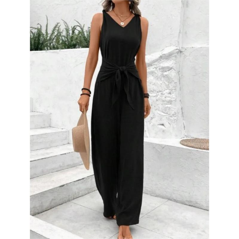 Fashion Solid Jumpsuit for Women Casual Sleeveless V Neck Lace-Up Wide Leg Pants Jumpsuits Lady Summer Holiday Womens Clothing