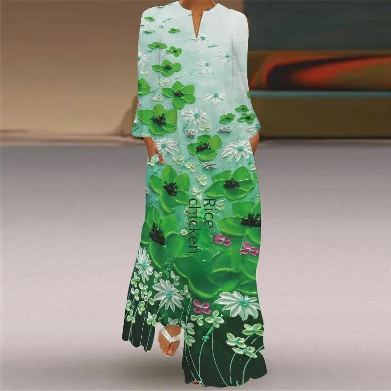 2024 Herbst Europäisches und Amerikanisches Maxikleid mit V-Ausschnitt und langen Ärmeln