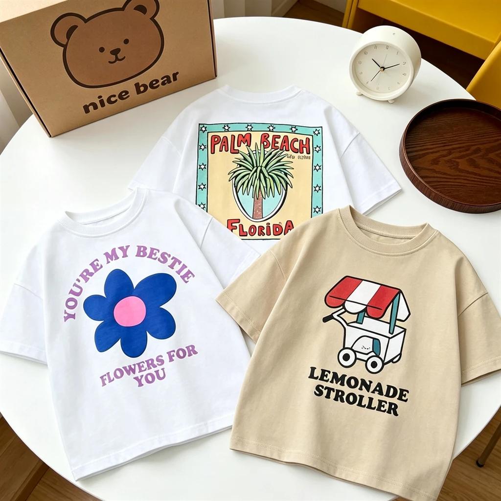 2026 Summer Clothes Kids Boys Fashion Clothing Shortsleeved Tops Cartoon Printed Tees Girls Baby Lovely Tshirt Outer Wear