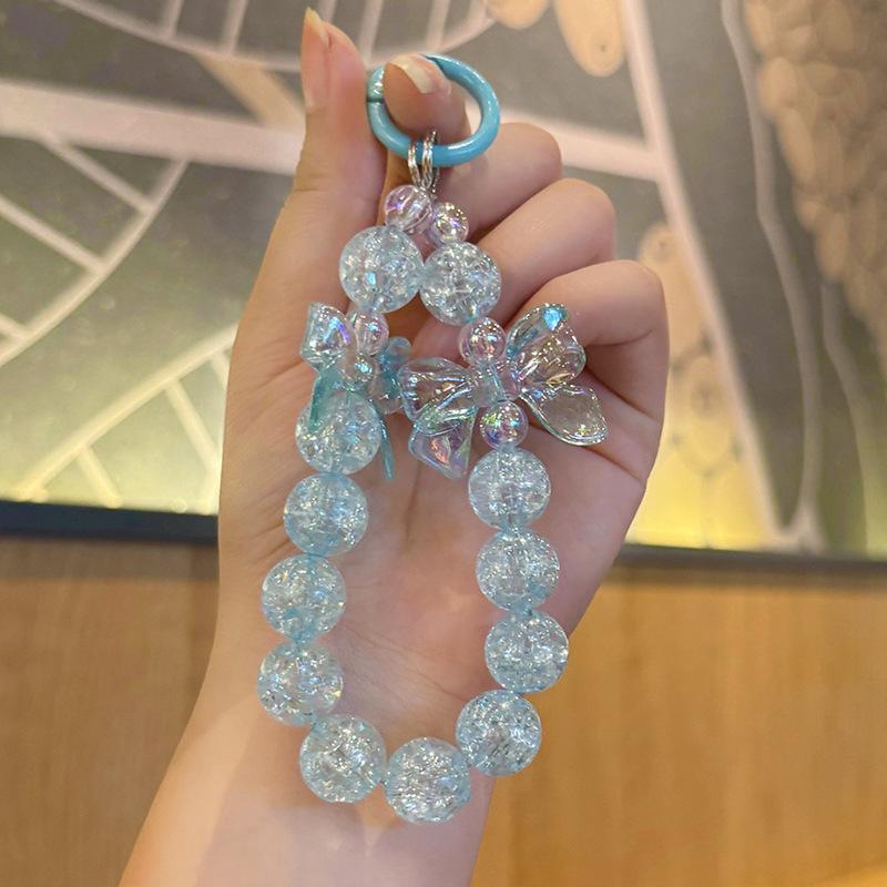 Handmade Beaded Acrylic Phone Chain with Bow Knot & Round Beads - Elegant Bag Pendant Accessory for Women