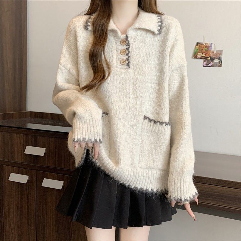 

Женский свитер с карманами, контрастный, в ленивом стиле, свободный, с отложным воротником, вязаный топ, осенний, простой, универсальный женский свитер Onesize абрикосовый