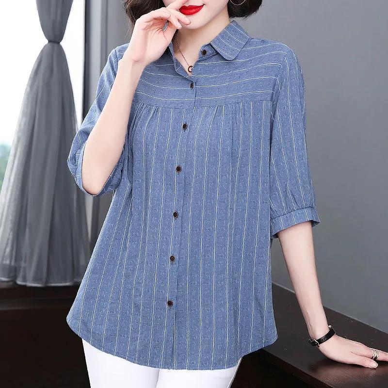 Chemise à manches cinq points en coton rayé pour femme, chemise ample à manches courtes pour mère, haut tendance pour femme d'âge moyen
