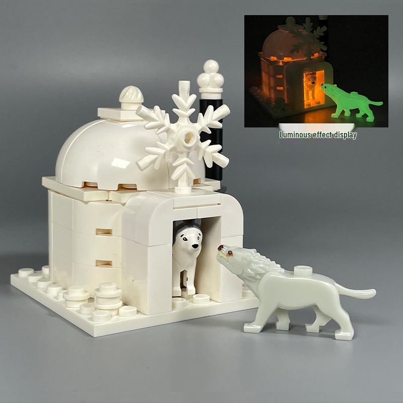Beleuchtetes arktisches Tier-Baustein-Set: Pinguin, Eisbär, Husky & Wolf Iglu.