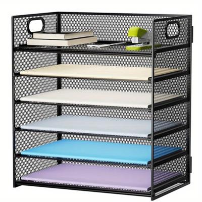 1Pc 6 Tier Paper Organizer Letter Tray - Mesh Desk File Organizer with Handle, Paper Sorter Organizer for Letter/A4 Office File Folder Holder - Black