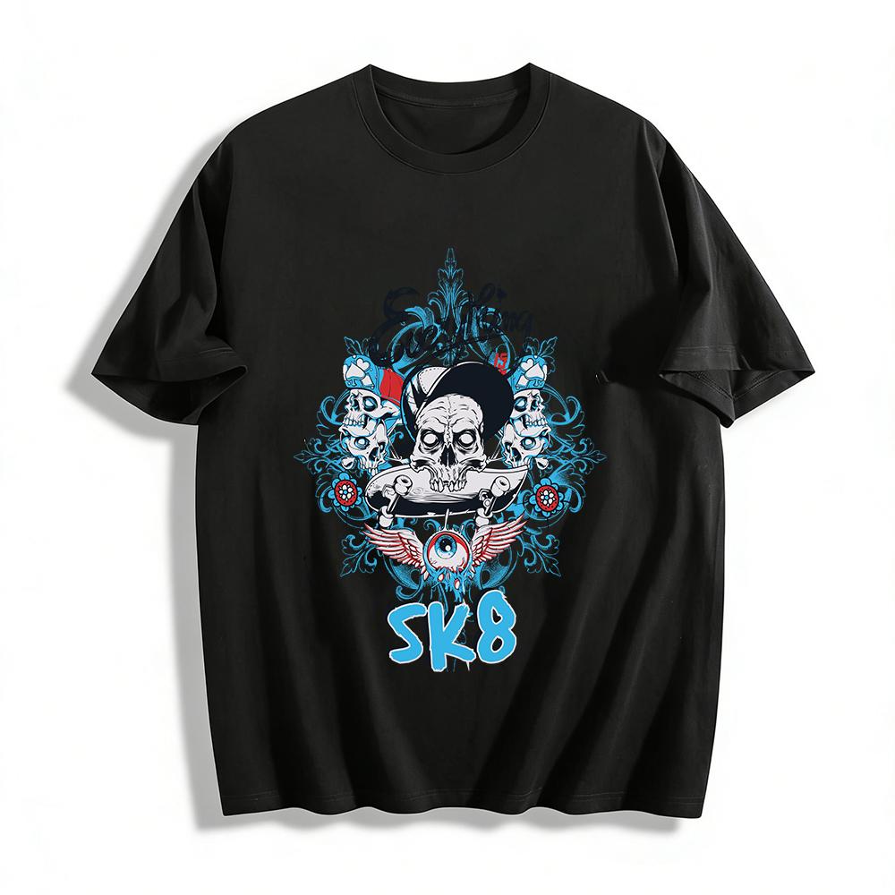

Skull Print Skateboarding Streetwear Unisex Retro Casual Tee Pure cotton T-shirt 6XL