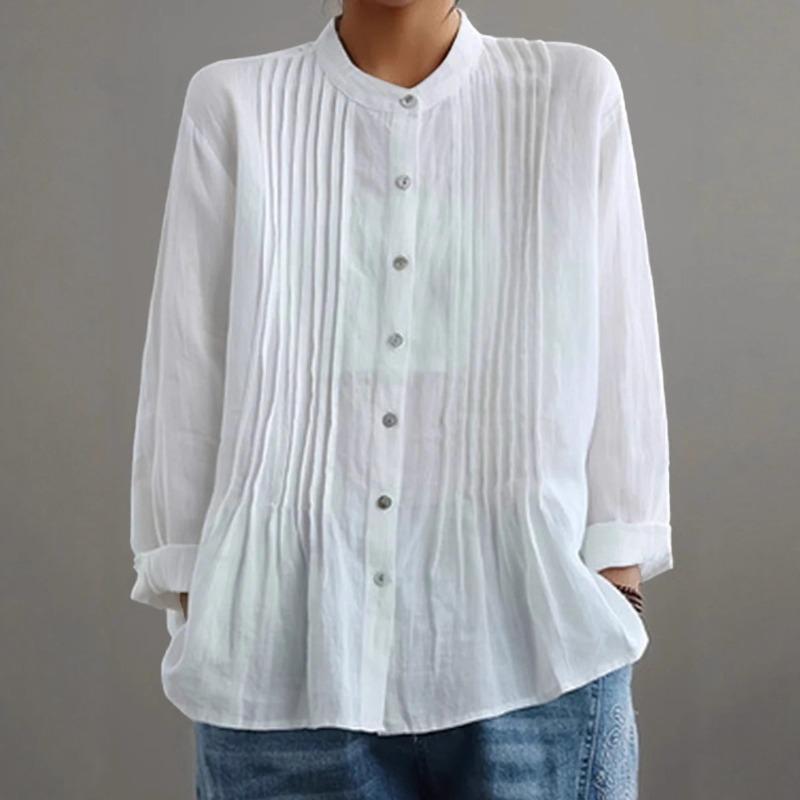 Cotton Linen Stand Up Collar Shirt Women's Solid Color Pleated Fashion Versatile Cardigan Temperament Tops
