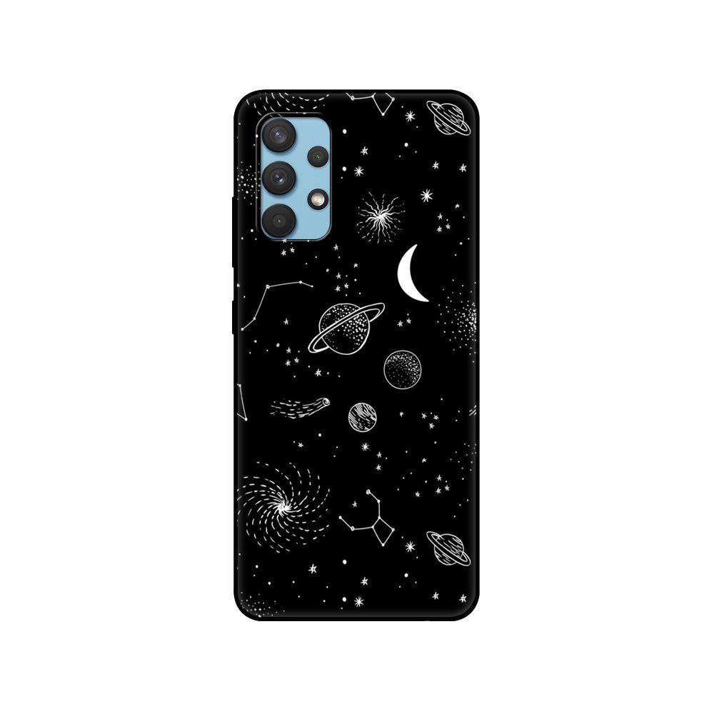 Black Tpu Case For Samsung Galaxy A12 A22 A32 A42 A52 A72 4g 5g S21 PLUS Ultra Back Cover Space Spaceship Stars and Moon