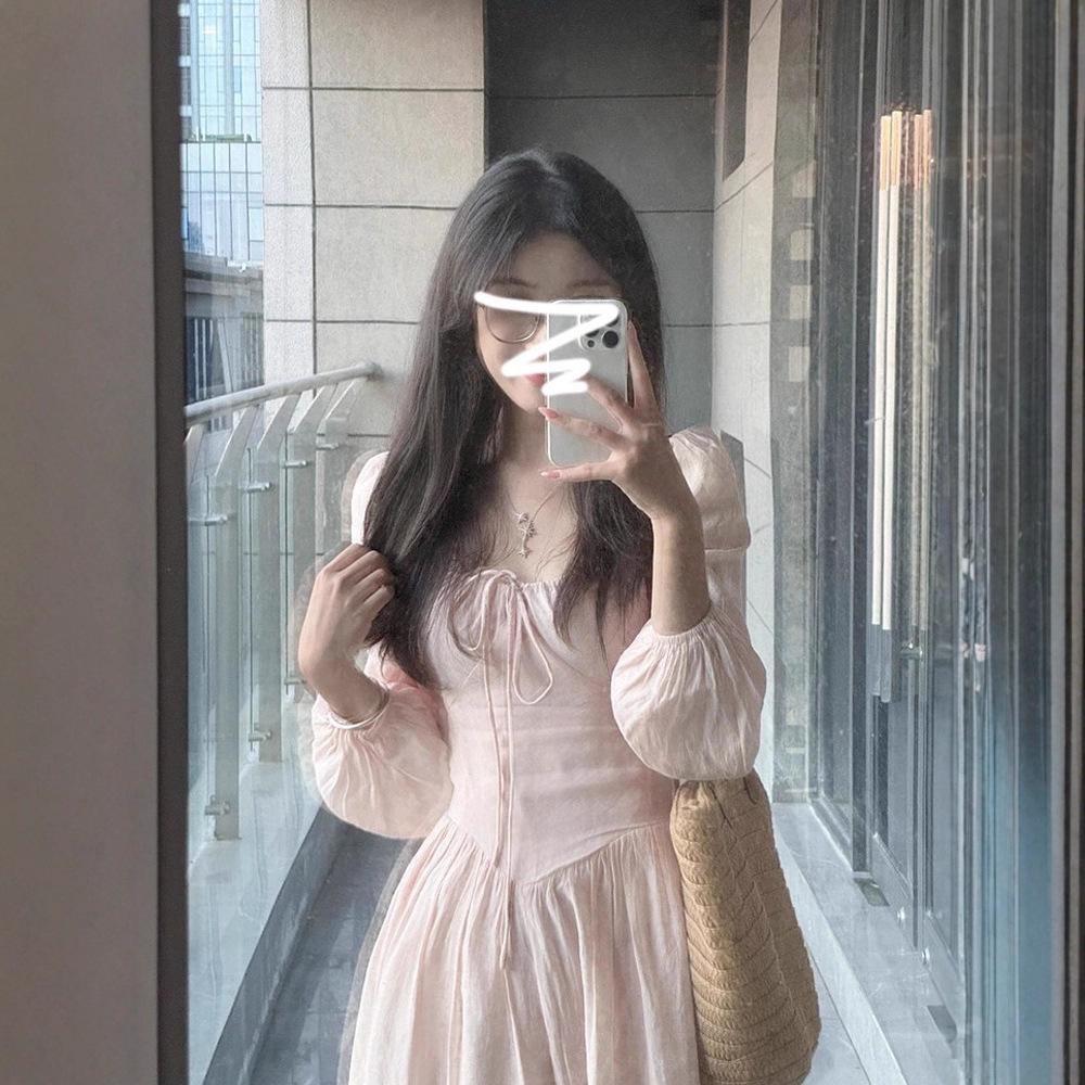 Early autumn French pink long-sleeve dress, women's outfit, new early autumn waist-cinching slimming elegant long skirt