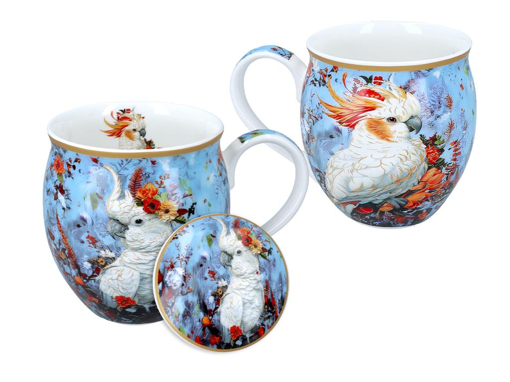 Porcelain Mug Barrel With Lid Cockatoo Parrot For Coffee Tea