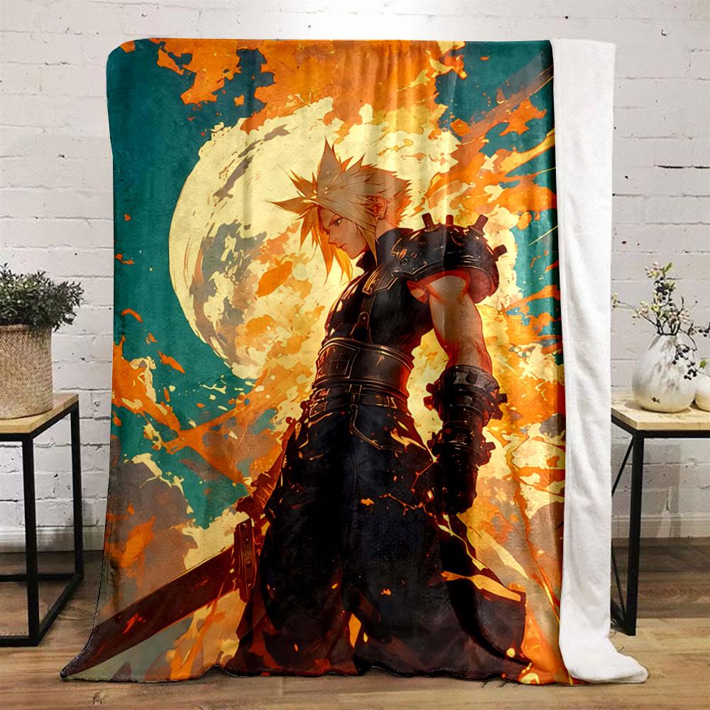 Fiery orange splashes surround a figure with spiked hair under a glowing moon. for all seasons blanket lunch break throw gift
