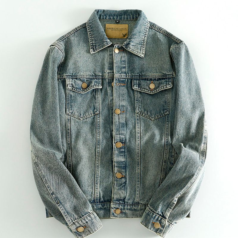 Fashion Retro Washed Men's Denim Jacket Coat Loose Lapels plus Size Distressed Export Export Big Brand Coat