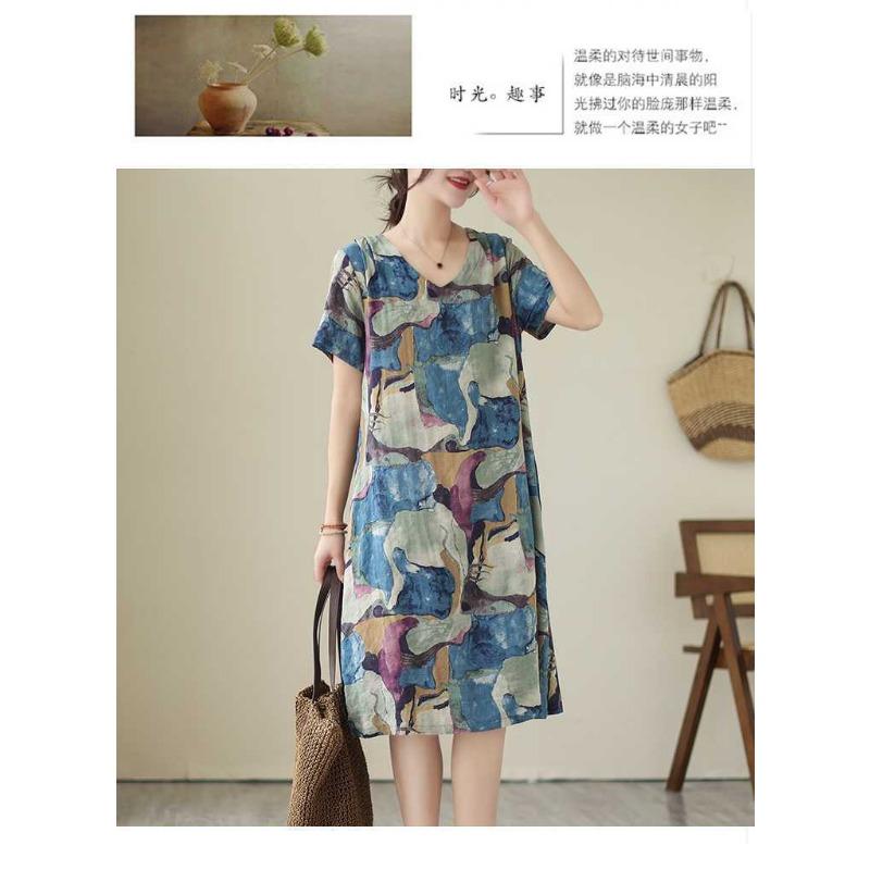 Temperament V-neck MIDI Vintage Print Loose A-line Skirt Short-sleeved Dress