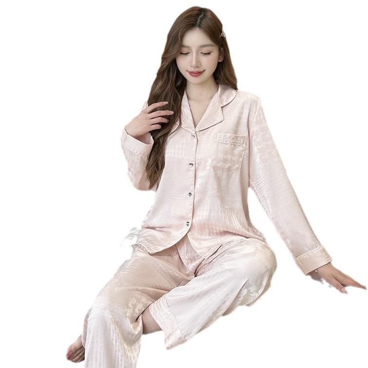 Ice Silk Pajamas Autumn Women's 1011 New Suit Pink Internet Celebrity High-end Spring and Autumn Long-sleeved Loungewear