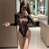 Sexy Women Fishnet Bodysuit Long Sleeve Backless Mock Neck See Through Lingerie