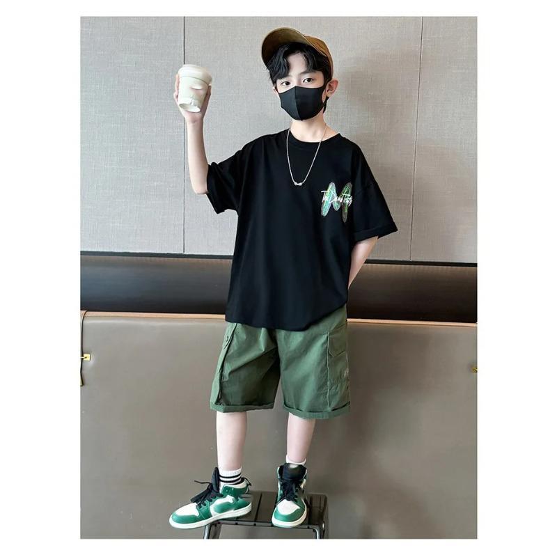 Teen Boys Clothing Set Summer Letter Short Sleeve T Shirt Pants Suit Kids Handsome Casual Outfit