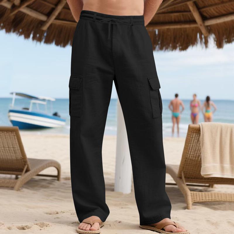 Men's Workwear Linen Trousers with Drawstring, Multiple Pockets, Straight Leg, Solid Colour, Breathable Outdoor Beach Casual Trousers
