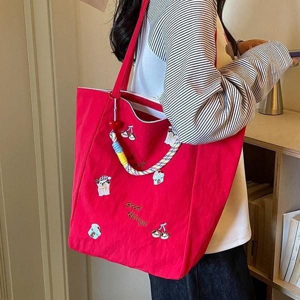 Japanese And Korean Style Casual Canvas Bag Cute Cartoon Embroidered Canvas Bag Women'S Large-Capacity Portable Shoulder Bag Commuting Class