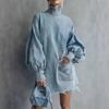 Rochie Mini Denim Femei Uzată Guler Înalt Mâneci Lungi Bufante Tiv Brut Găuri Rupte Largă Casual Rochii Blugi