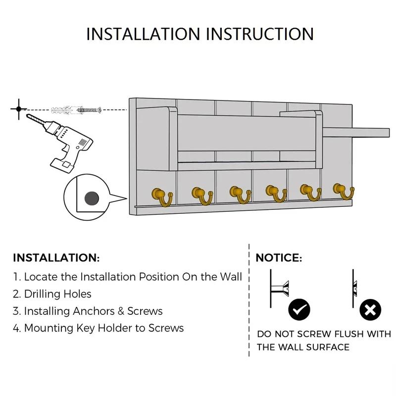 Dekorativní držák na klíče a poštovní organizér se 6 háčky na klíče Rustikální dřevěný držák na klíče na stěnu s policí pro vstup do obývacího pokoje