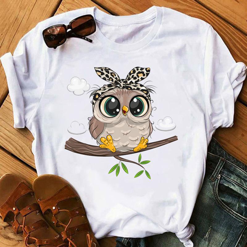 Summer Loose Women's T-Shirt High Quality O/V Neck Heart Flowers Owl Pattern Short Sleeve Women's Short Sleeve T-Shirt CCXX119