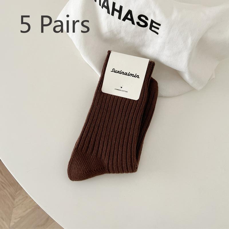 5 Pairs of Women's Spring and Autumn Versatile Slimming Vertical Striped Mid Top Stack Socks
