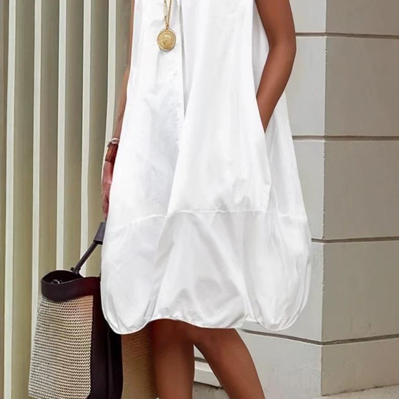Summer New Product Solid Color Sleeveless Large Size Loose Lapel Medium and Long Women's Shirt Dress Vacation Style
