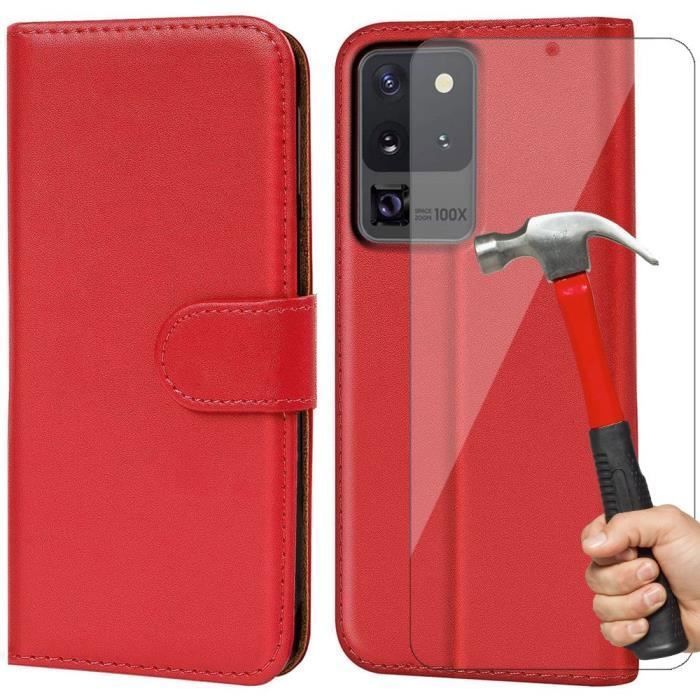 Coque de Protection - PROSHOP - pour Samsung S20 Ultra - Rouge - Effet Cuir - Anti-Choc 360°- 2 Verres Trempés