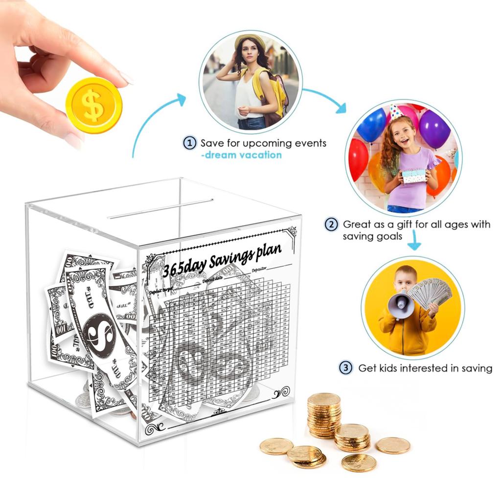 Yousheng Clear Acrylic Money Saving Box Unbreakable Piggy Bank 365 Days Cash Vault Saving Challenge Box Must Break to Open Money Bank to Save 10K