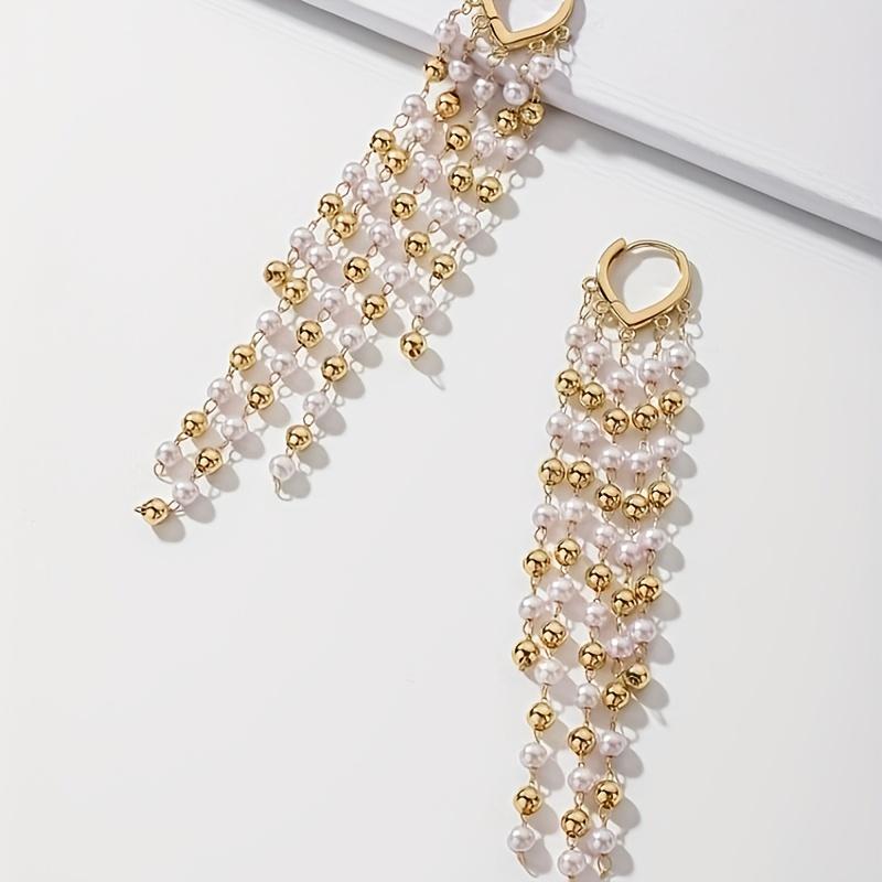 1Pair of Long Women's Fashion Pendant Earrings, French Temperament Elegant Style Imitation Pearl Fringed Pendant