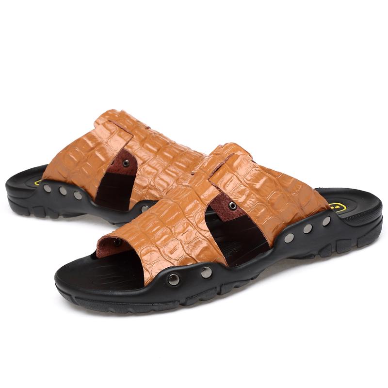 Fashion Summer Beach Sandals Plus Size Embossed Crocodile Pattern Leather Surface Men's Slippers Flat Strap Casual Shoes