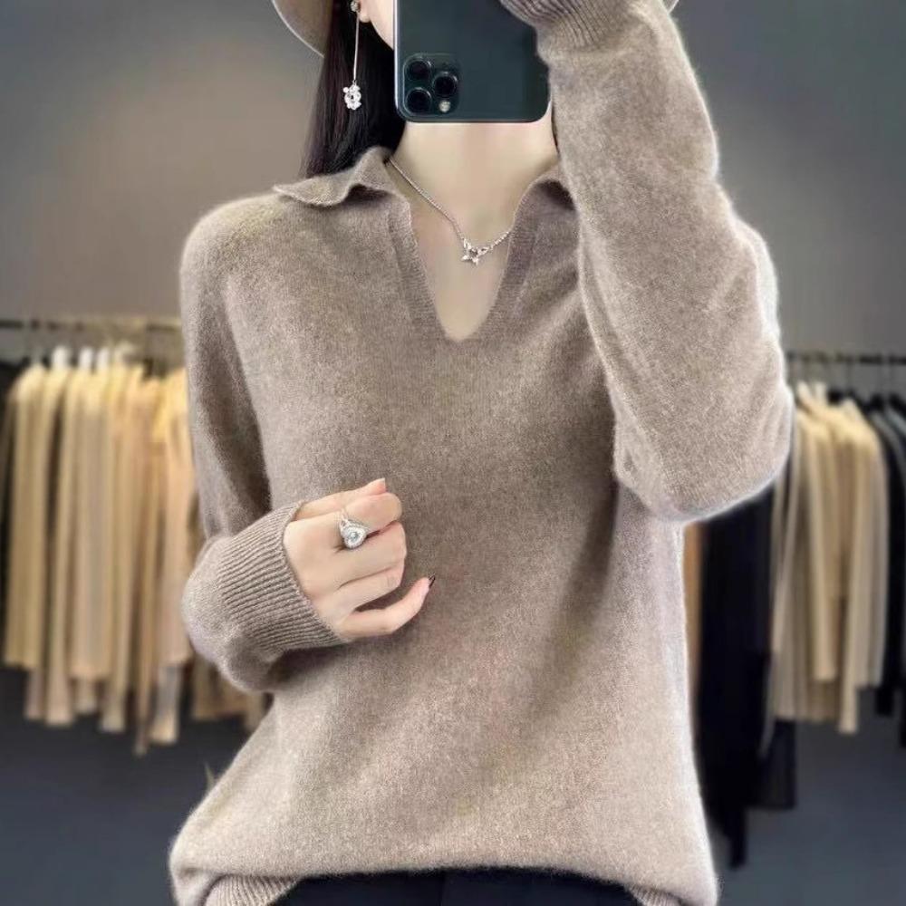 Autumn and Winter POLO Small V-neck Long-sleeved Loose Knitted Base Layer Sweater for Women