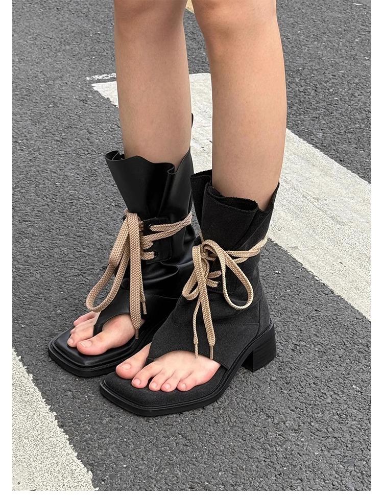 Retro square toe open toe herringbone cool boots 2025 new Spice Girl heightened thick-soled lace-up pants tube boots stacking boots