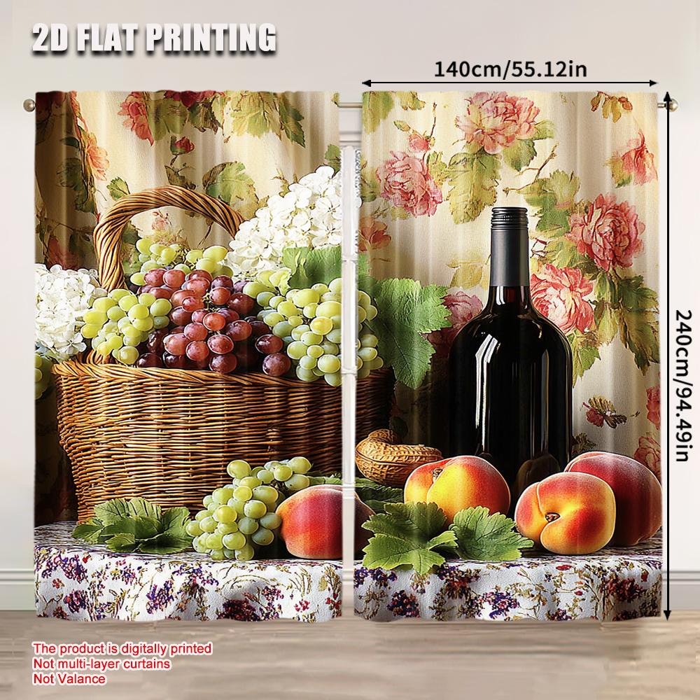 2Pcs Farmhouse Kitchen Curtains Vintage Grapes Fruits Oil Painting Rustic Flower Wine Art Printed Retro Country Living Room