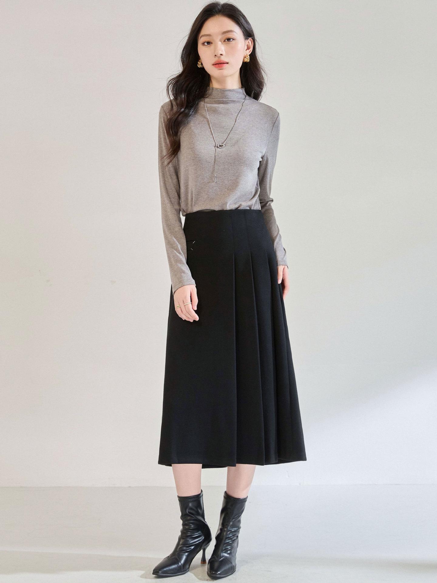 

Autumn/Winter Wool Acetate Pleated A-Line Skirt - Hip-Covering & Slimming Small