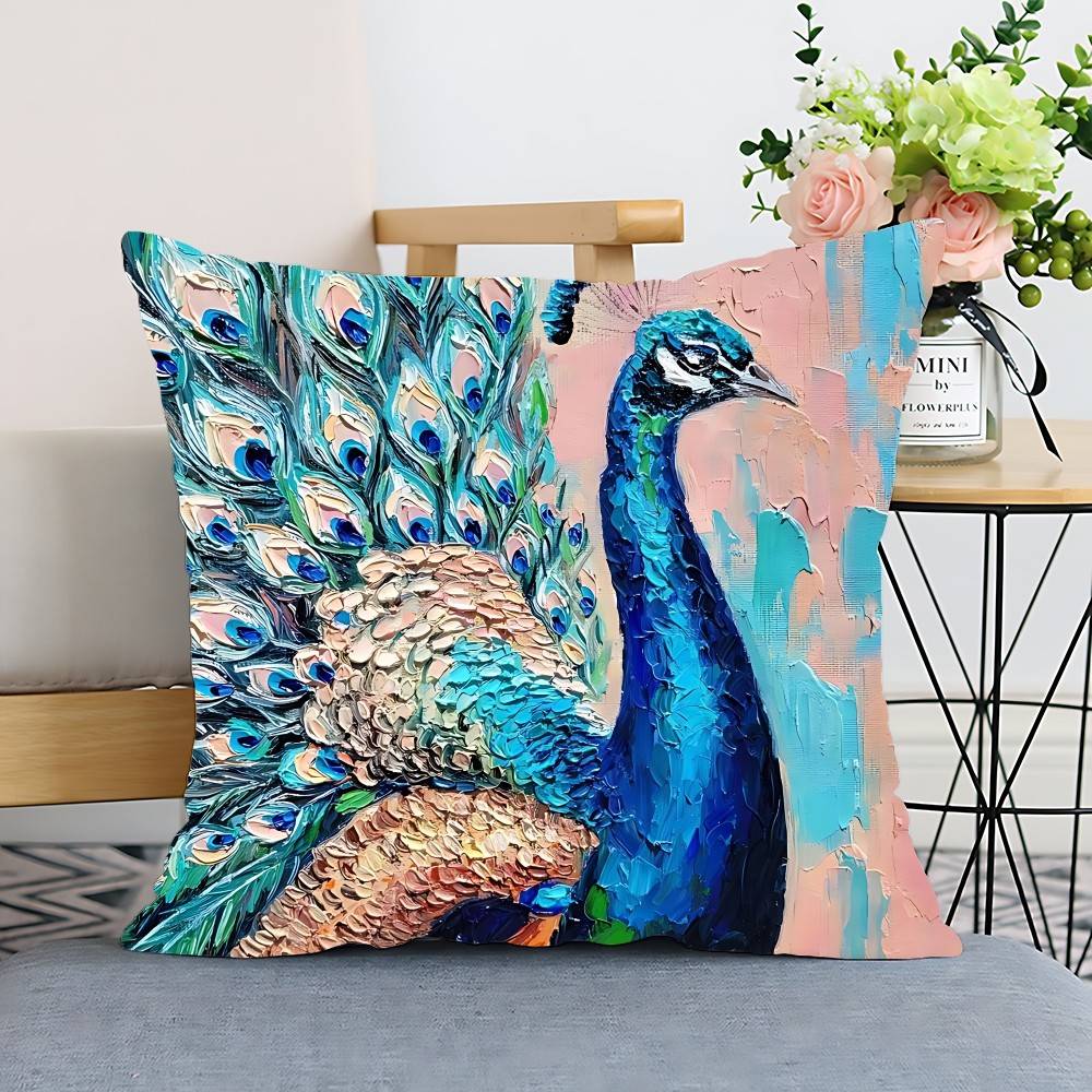 Nordic Style Oil Painting Peacock Pillow Case Cushion Cover Polyester Pillowcase Decorative Sofa Cushion Pillowcase Home Decor