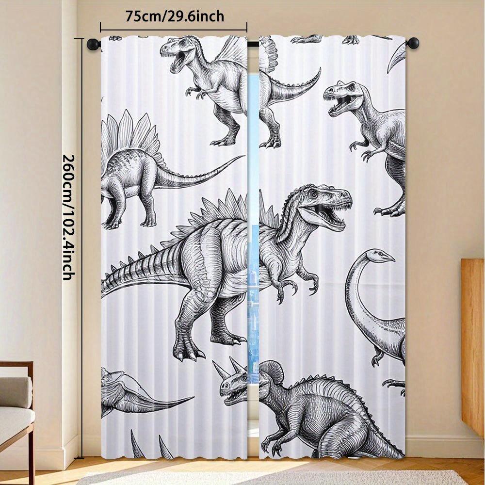 2pcs Dinosaur Art Print Curtains - Rod Pocket   Light Filtering Polyester Drapes with Stegosaurus & T-Rex Design   Machine Washabl
