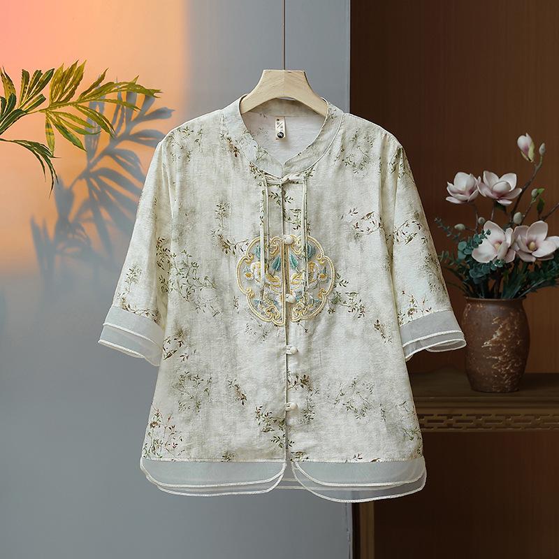 2024 New Chiffon Short Sleeve Blouse - Chinese Style Spring/Summer Top for Middle-Aged Women
