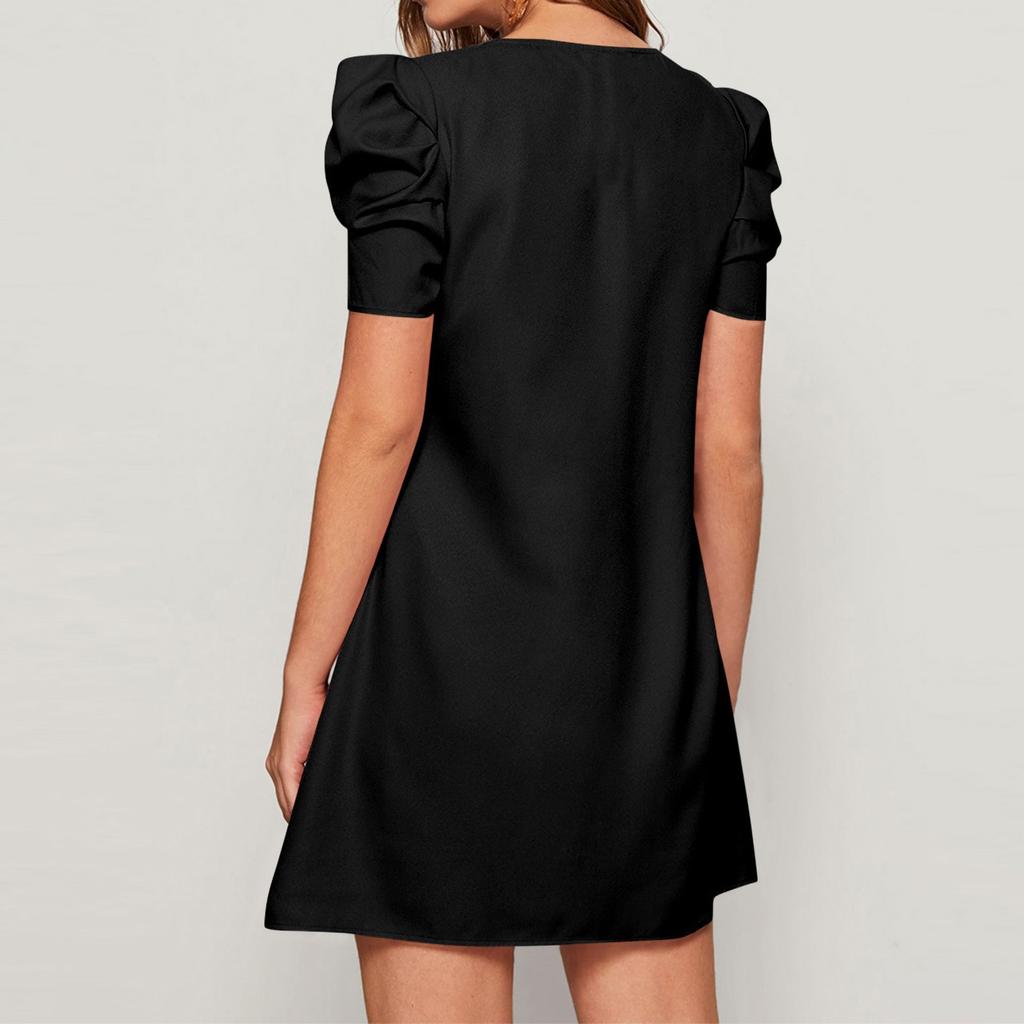 Women's Fashionable Temperament Solid Color Round Neck Short Sleeved Dress