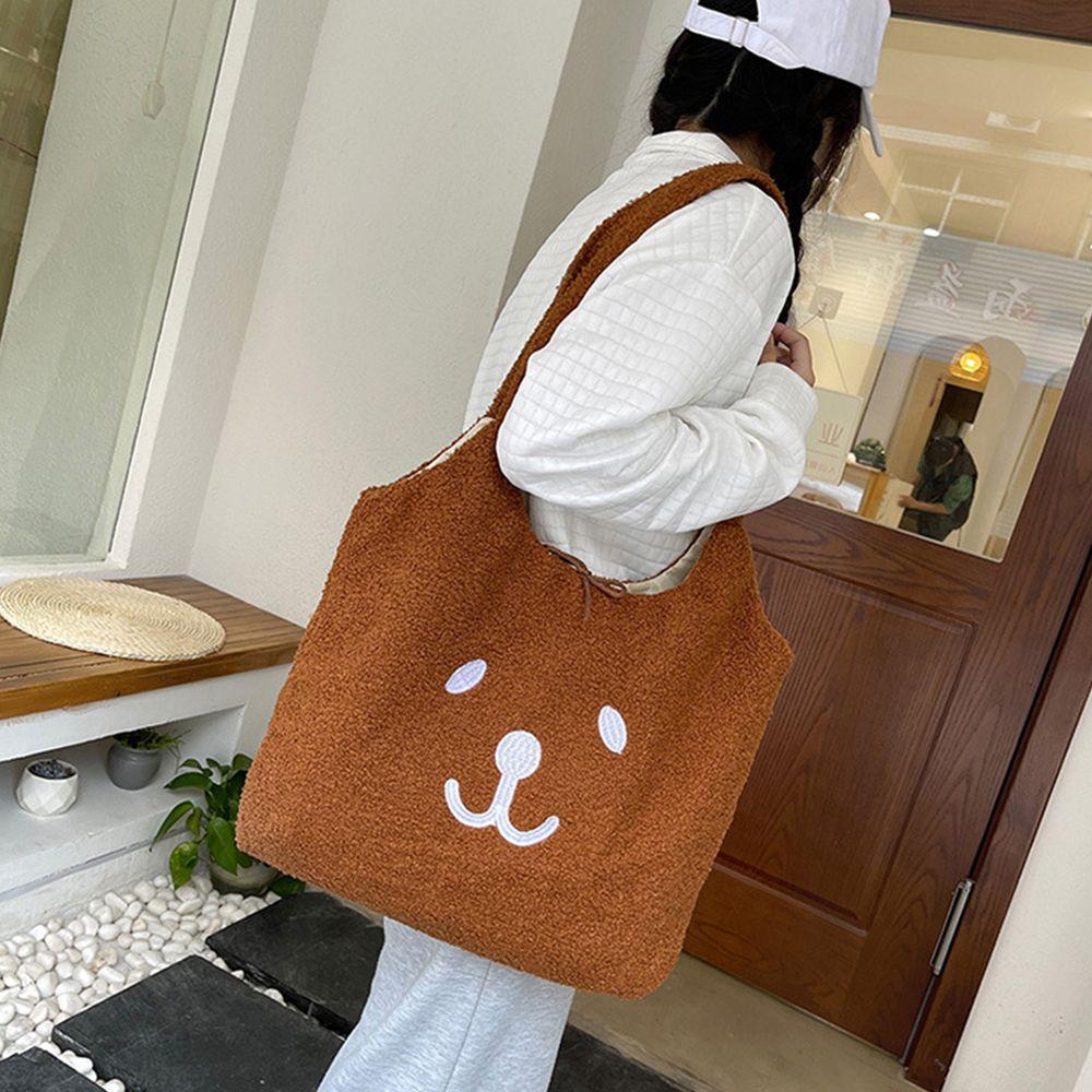Women Soft Plush Shoulder Bag Cute Bear Handbag Furry Fluffy Totes Large Capacity Shopping Bags Cartoon Book Bags For Ladies