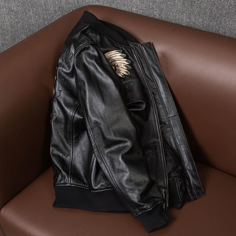 Genuine Leather Baseball Jacket Mens Indian Style Biker Coat Autumn Outerwear Large Size Pure Cowhide
