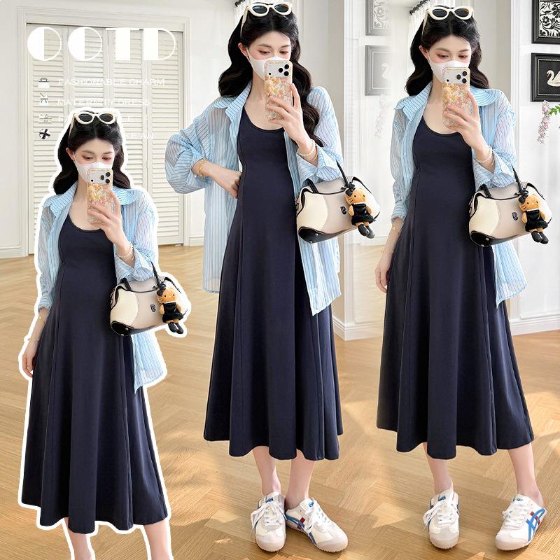 2026 Summer Maternity Casual Long Vest Dress & Sun Protection Shirt Two-Piece Set L