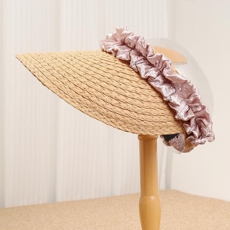 New pleated ribbon empty top sun hat women's spring summer weaving outdoor seaside sun protection and UV protection sun hat