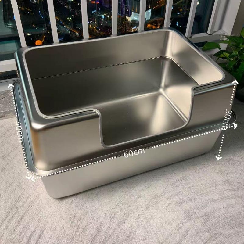 

Stainless Steel Jumbo Cat Litter Box Open Type Cat Bedpans Low-Entry Kitty Toilet with Anti-Splash Design Pet Potty for Kittens
