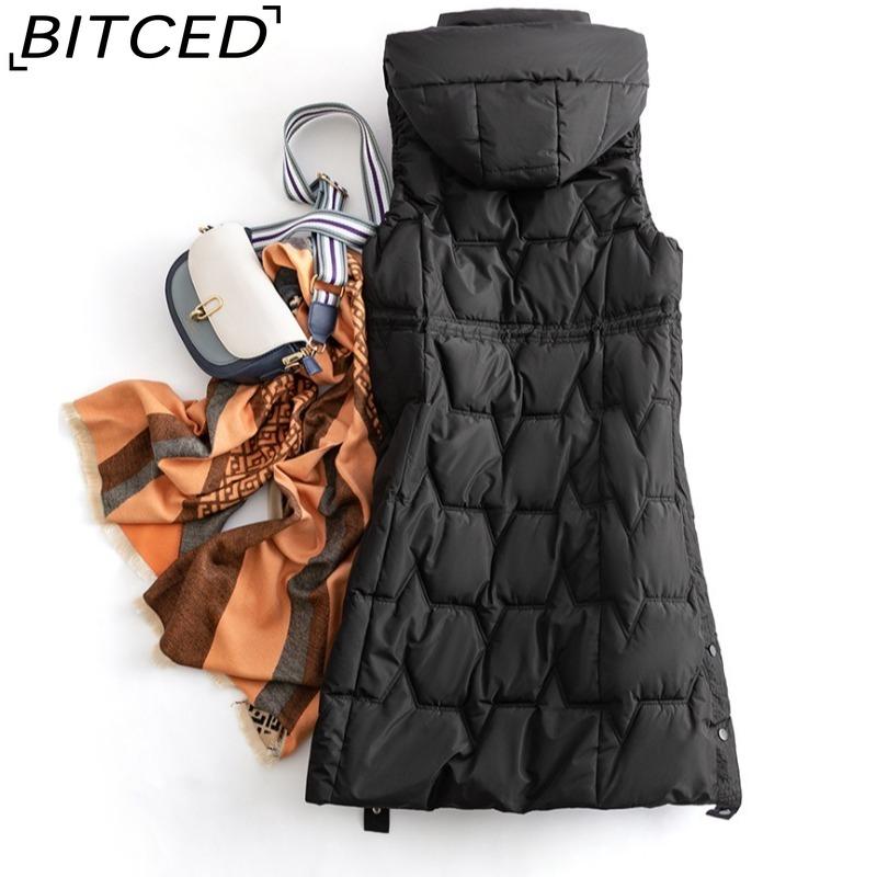 BITCED Women's Plus Size Long Down-Filled Quilted Vest with Hood, Thickened Sleeveless Coat for Autumn/Winter