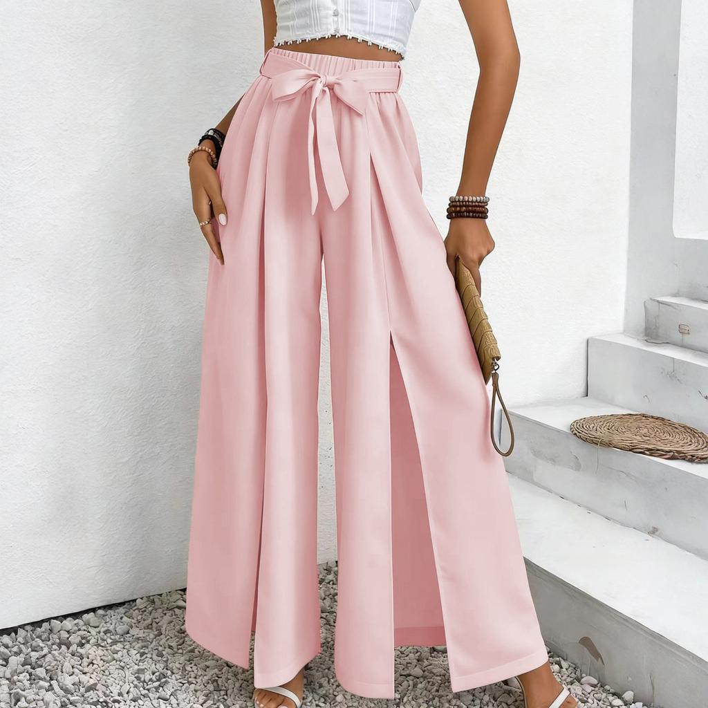 Women's -Color Casual High-Waisted Wide-Leg Trousers With Drawstring