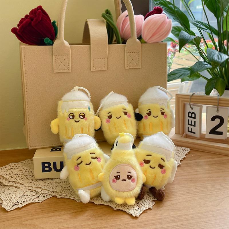 Cute Cartoon Simulation Beer Cup Plush Keychain Fun Beer Bottle Toy Pendant Bag Hanging Decoration Pendant Beer Bottle Doll Gift