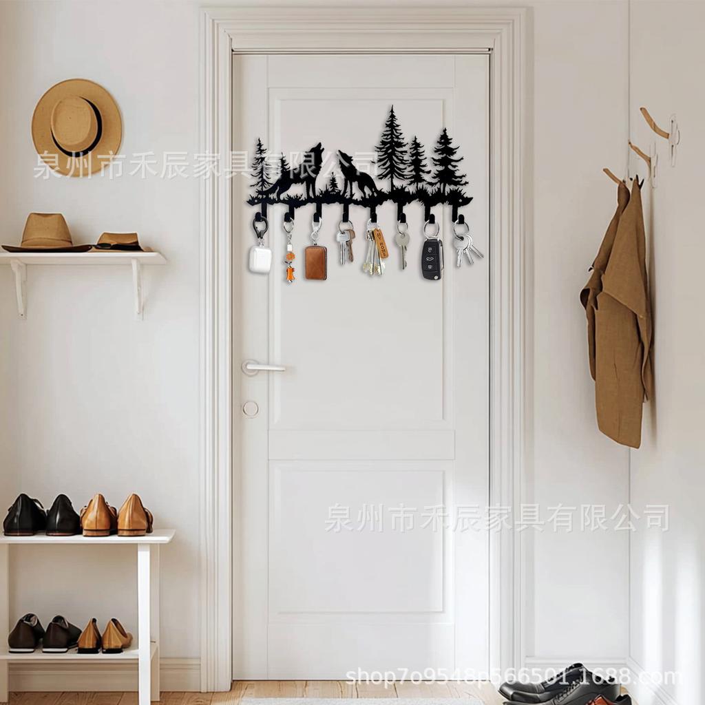 Metal Wall Mount Key Holder Rack with Wolf and Tree Design Over Door Towel Hook Rack Creative Storage Organizer with Multiple Hooks