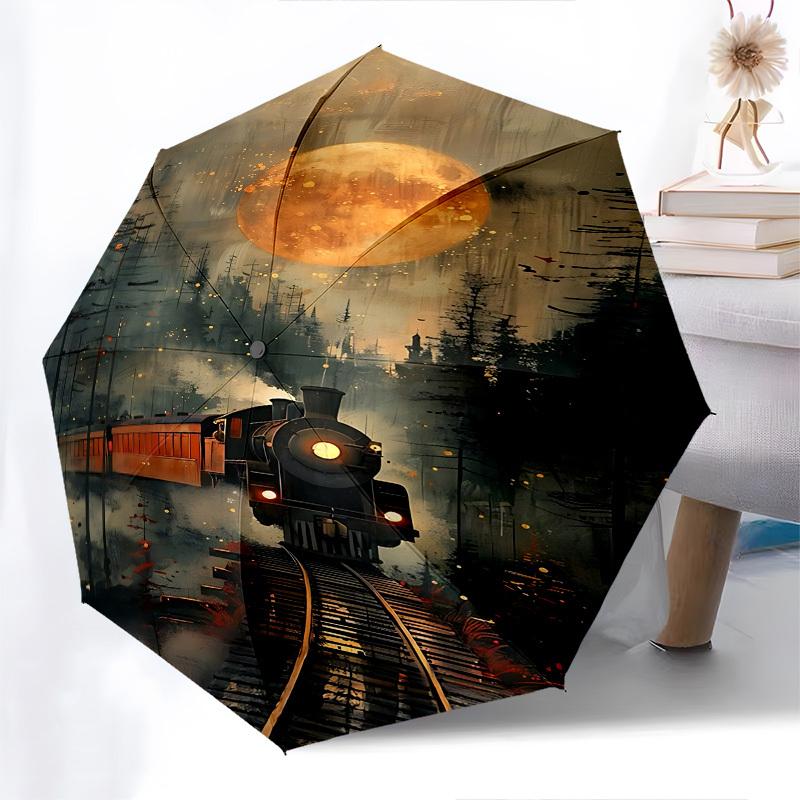 Mondschein-Zug-Themen-Regenschirm mit automatischer Öffnung und Schließung, Helle Farbe, 8-Speichen, Tragbar, Geeignet für Männer und Frauen, Ein Perfekter