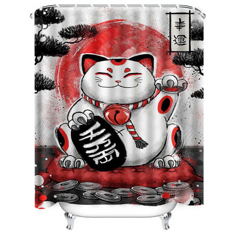Red Lucky Cat Shower Curtain with Japanese Style Fortune Design Red Black White Bath Decor for Home Decoration Gift Idea
